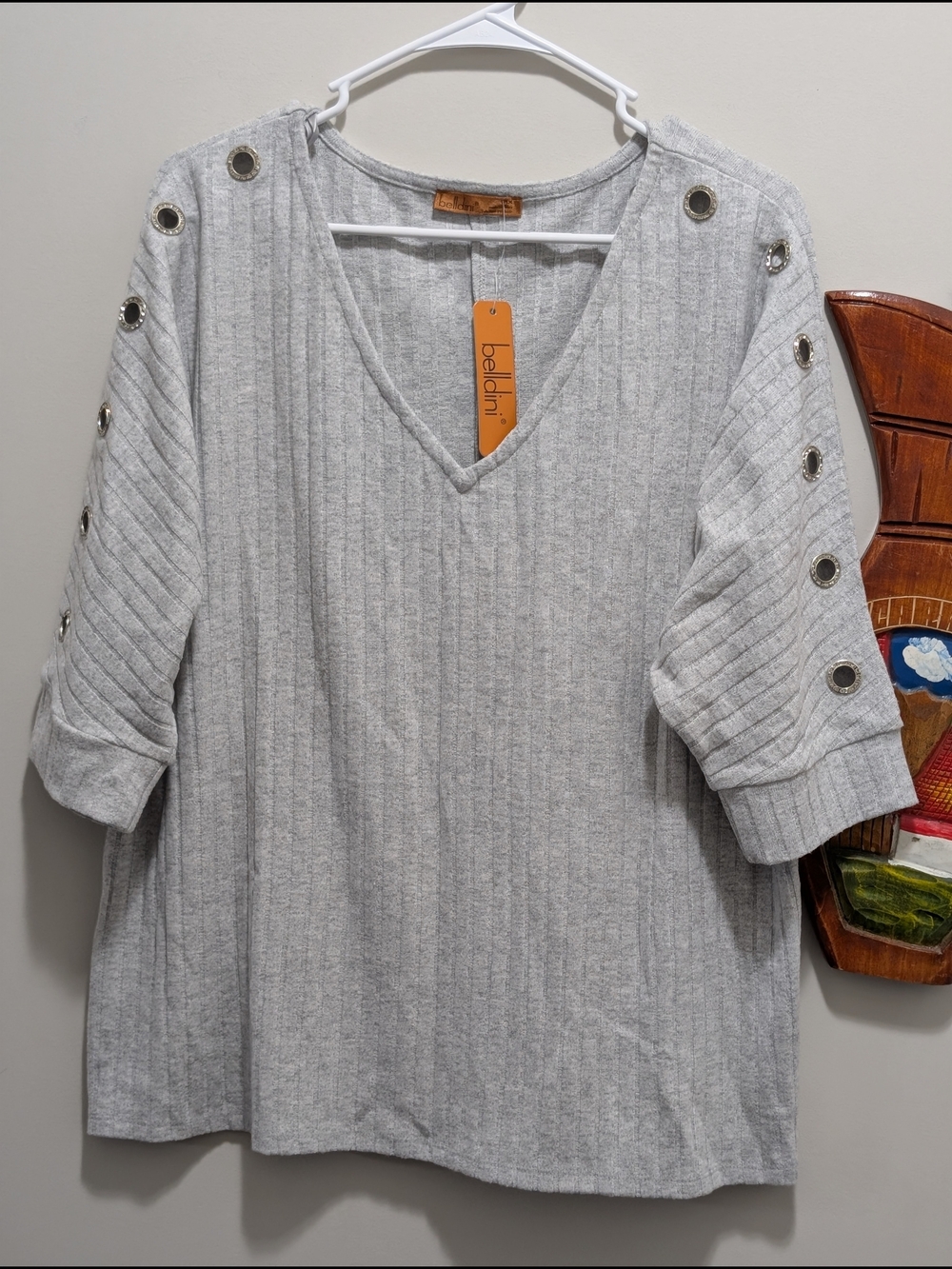 Bellini Heather Gray Ribbed V-Neck Top with Grommet Sleeve Detail